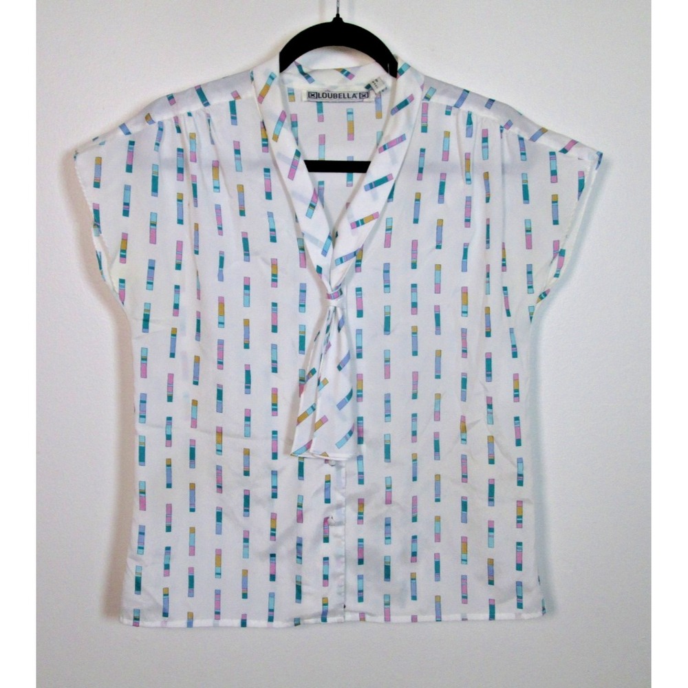 Vintage Loubella‎ Extendables Blouse Womens Size 10/11 White Print Tie